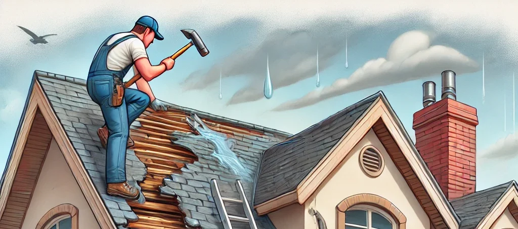 A-residential-house-roof-showing-signs-of-water-leaks.-There-are-water-stains-on-ceilings-cracked-flashing-clogged-gutters-with-leaves-and-missing
